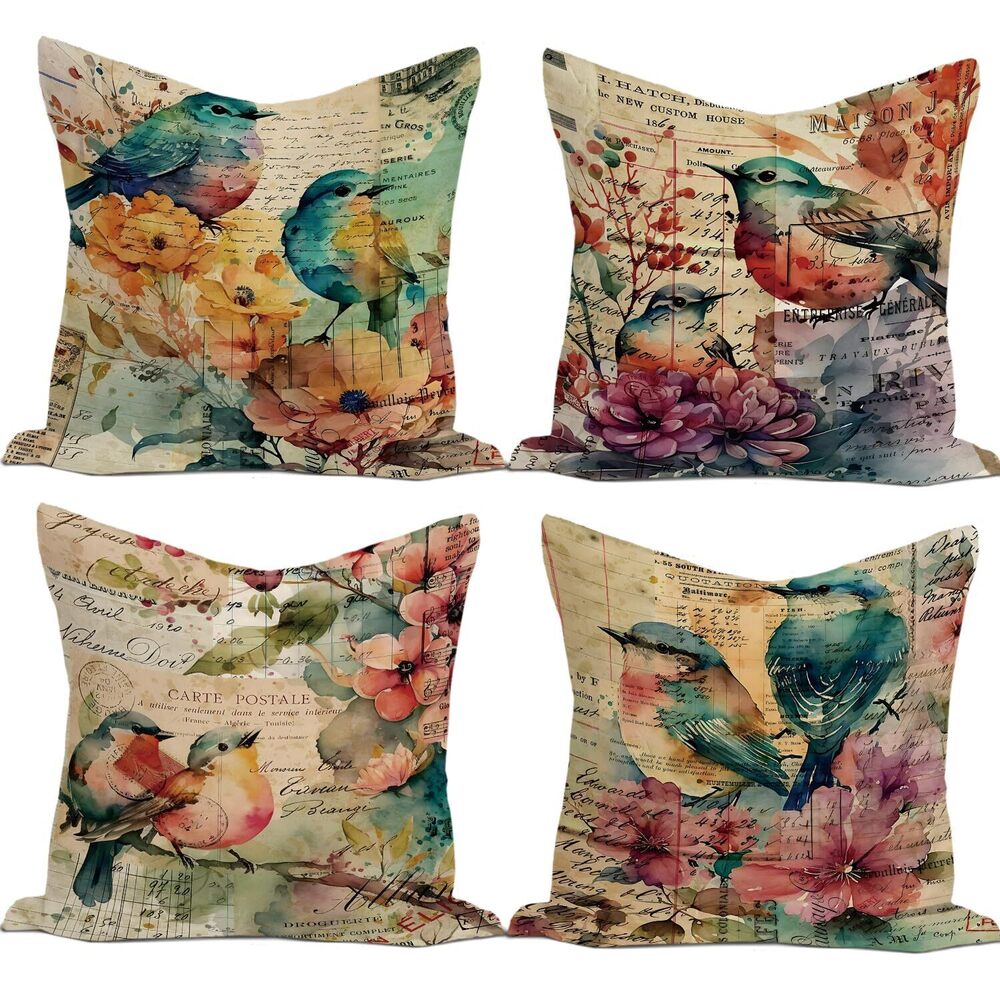 7838 Chinoiserie Vintage Bird Pillow Covers 18x18 Set of 4, Rustic